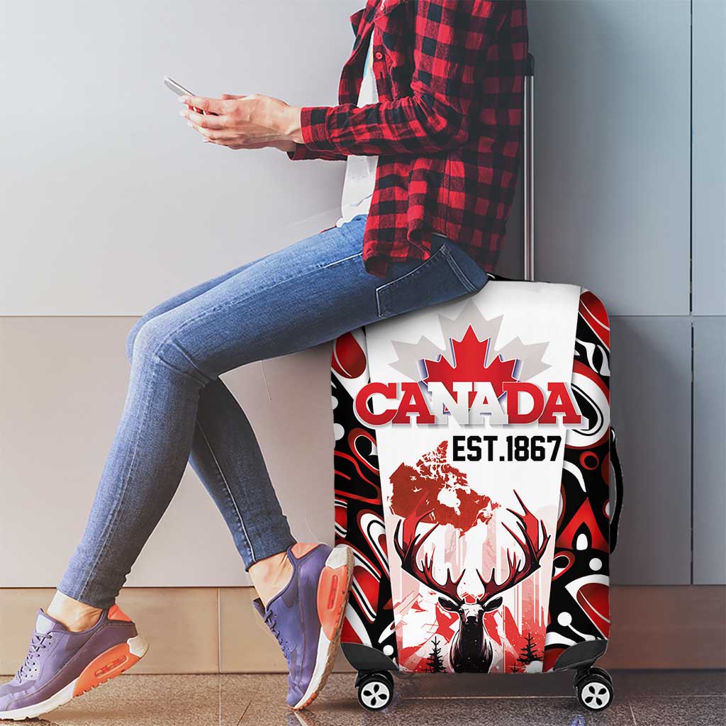 Canada Day Luggage Cover The Forest Moose and Maple Leaves-Haida Pattern