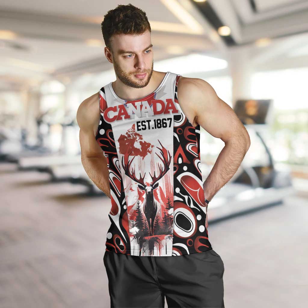 Canada Day Men Tank Top The Forest Moose and Maple Leaves-Haida Pattern