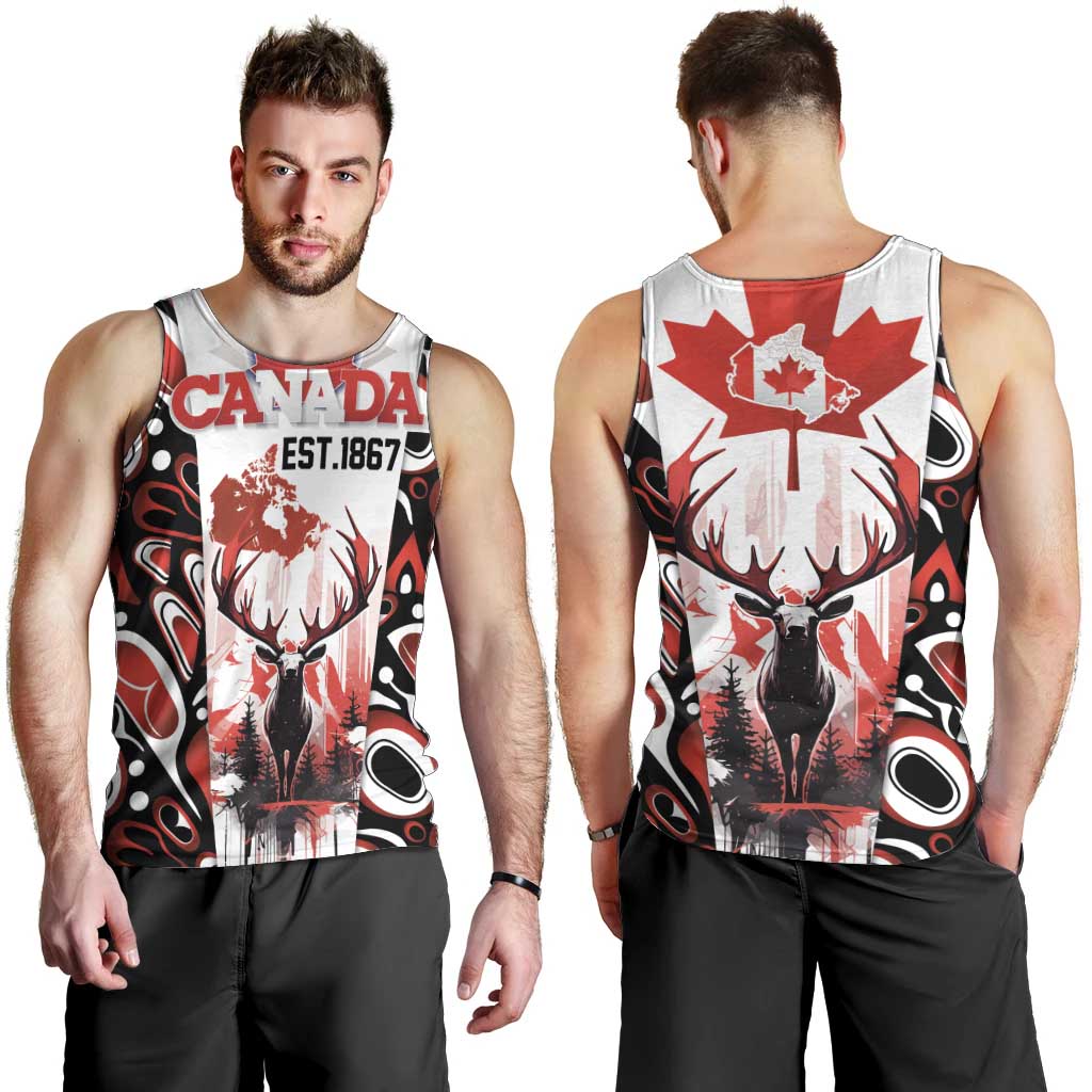 Canada Day Men Tank Top The Forest Moose and Maple Leaves-Haida Pattern