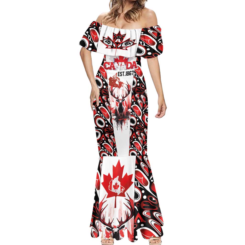 Canada Day Mermaid Dress The Forest Moose and Maple Leaves-Haida Pattern