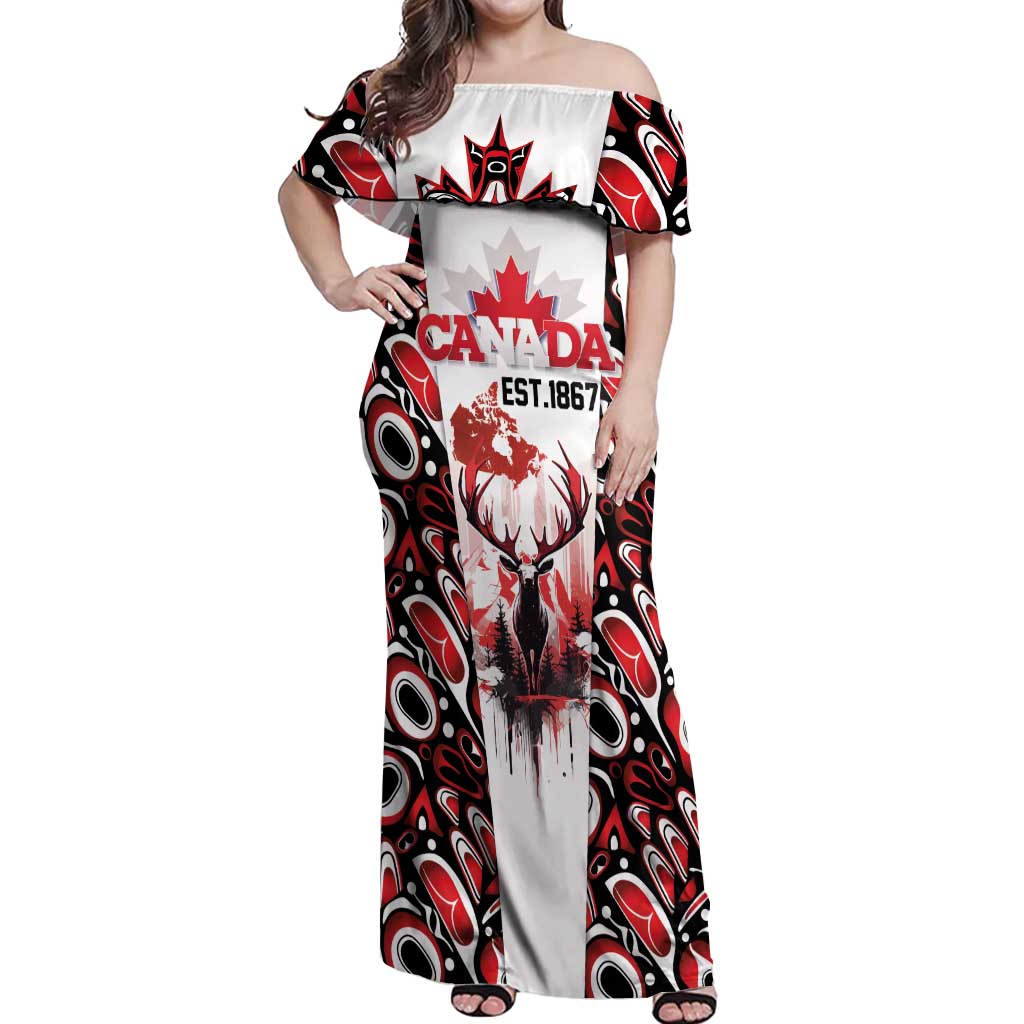 Canada Day Off Shoulder Maxi Dress The Forest Moose and Maple Leaves-Haida Pattern
