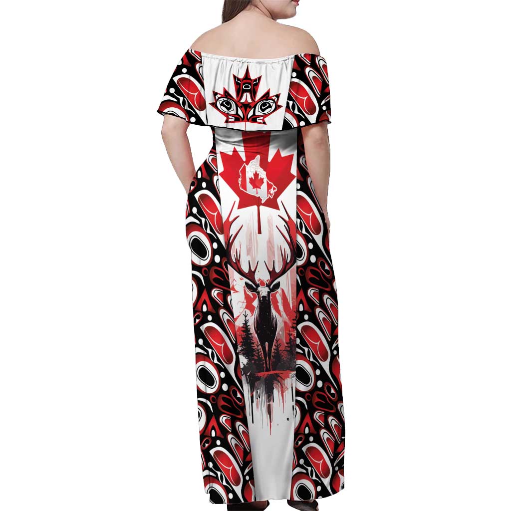 Canada Day Off Shoulder Maxi Dress The Forest Moose and Maple Leaves-Haida Pattern