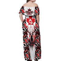 Canada Day Off Shoulder Maxi Dress The Forest Moose and Maple Leaves-Haida Pattern