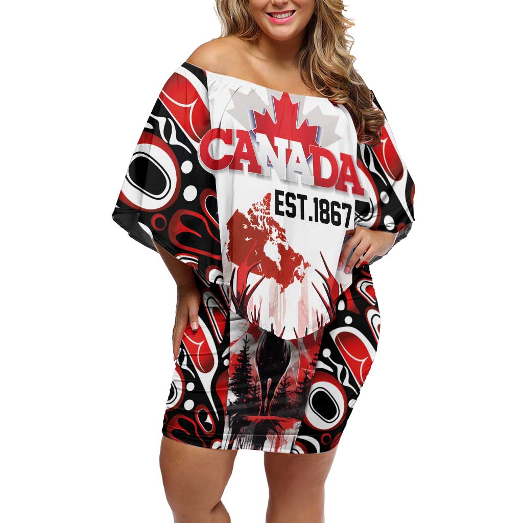 Canada Day Off Shoulder Short Dress The Forest Moose and Maple Leaves-Haida Pattern