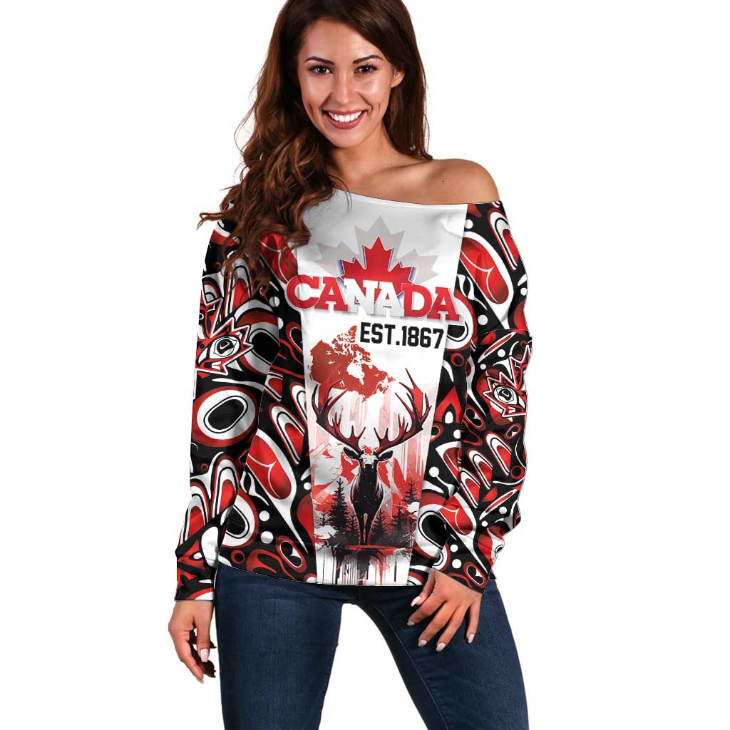Canada Day Off Shoulder Sweater The Forest Moose and Maple Leaves-Haida Pattern