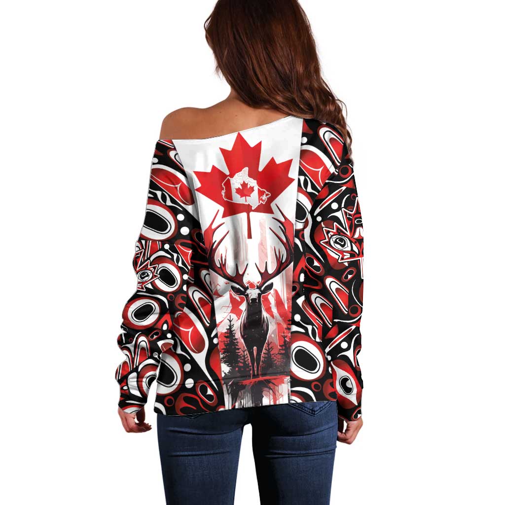 Canada Day Off Shoulder Sweater The Forest Moose and Maple Leaves-Haida Pattern