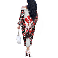 Canada Day Off The Shoulder Long Sleeve Dress The Forest Moose and Maple Leaves-Haida Pattern