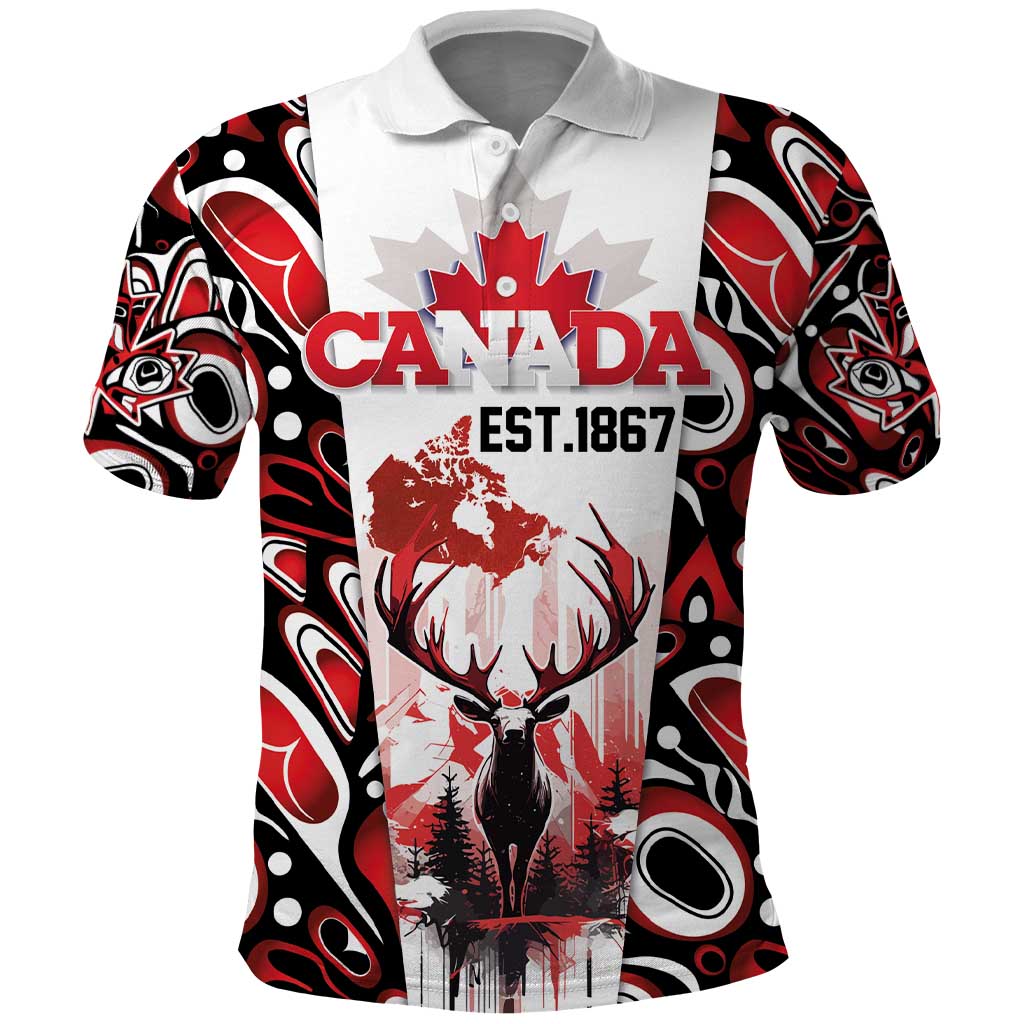 Canada Day Polo Shirt The Forest Moose and Maple Leaves-Haida Pattern