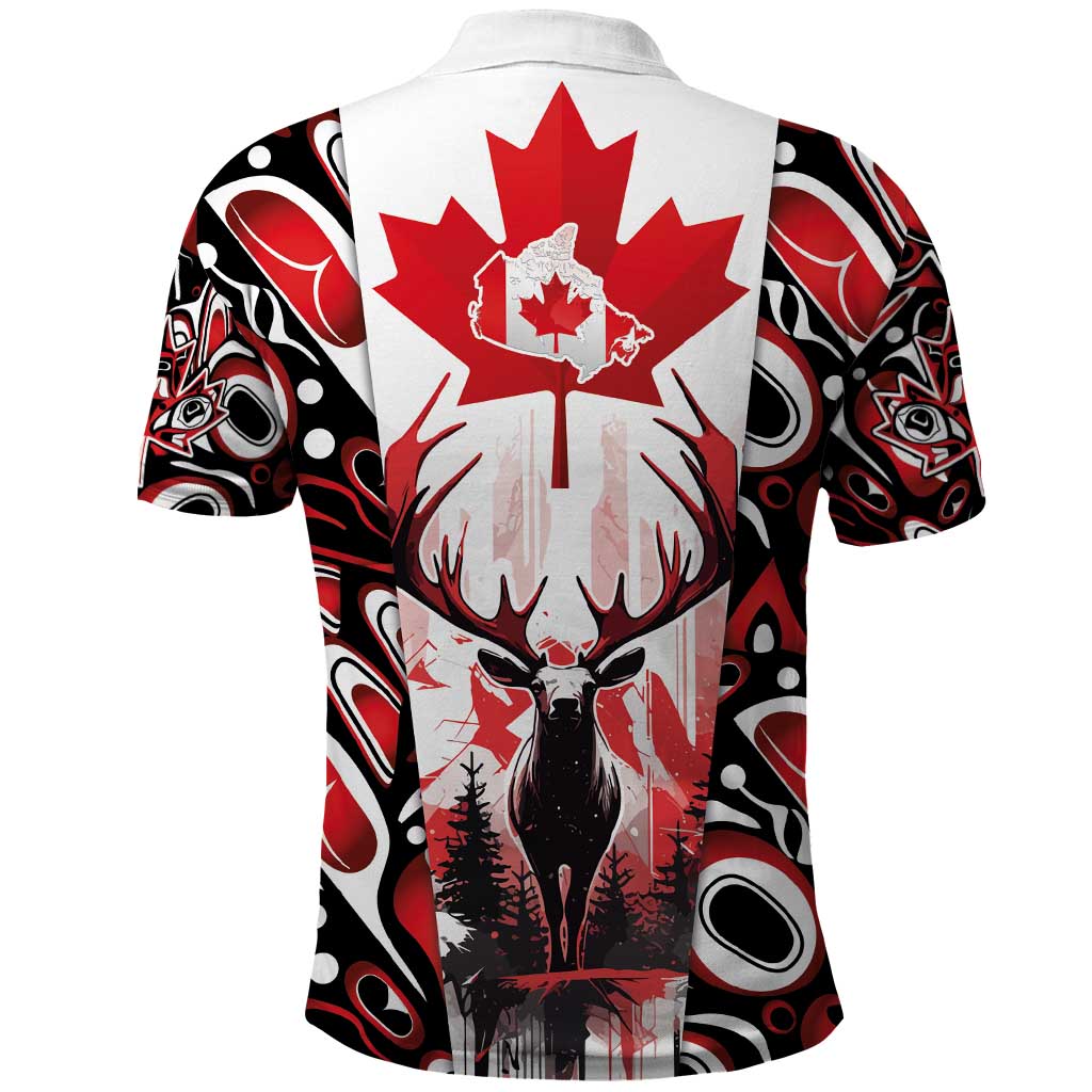 Canada Day Polo Shirt The Forest Moose and Maple Leaves-Haida Pattern