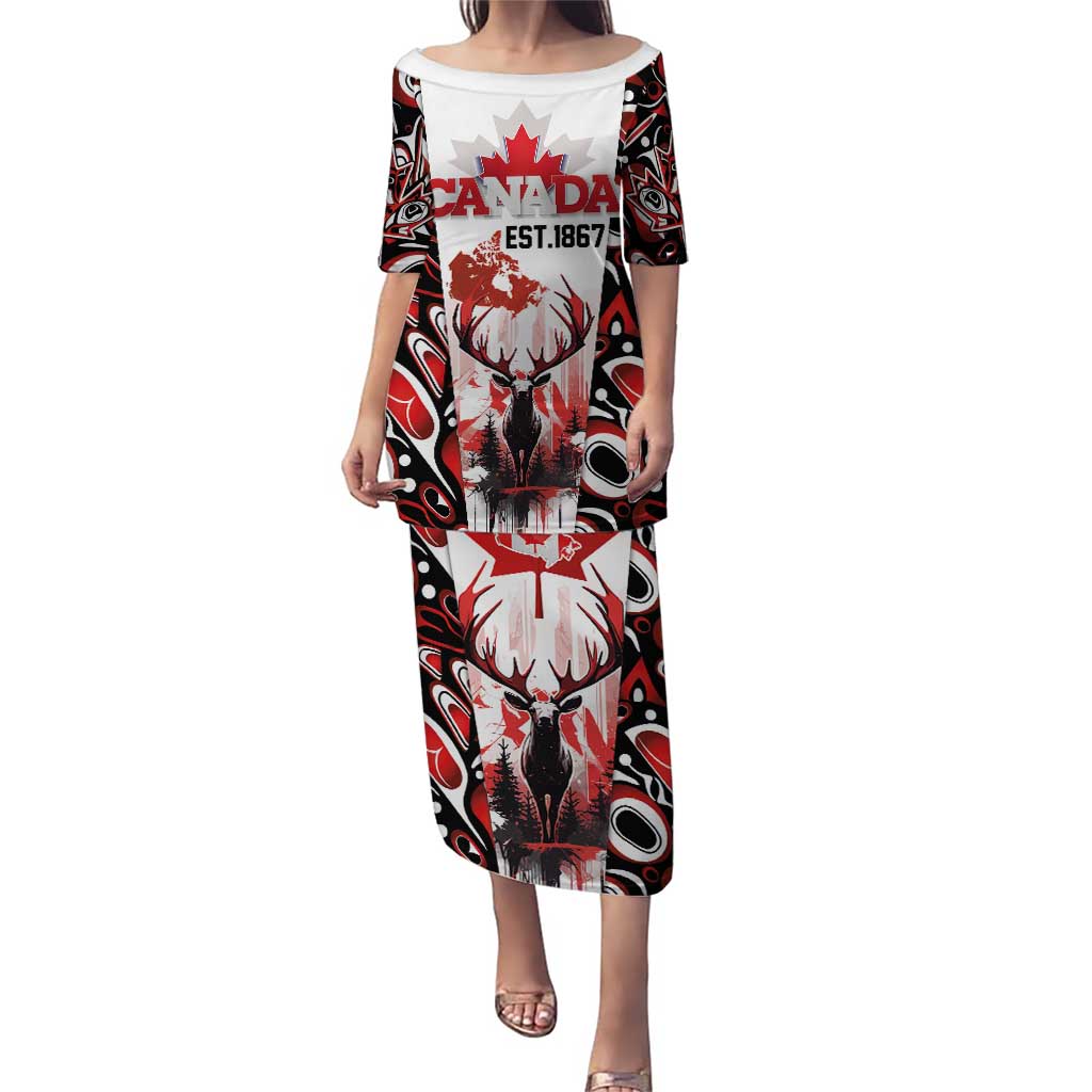 Canada Day Puletasi The Forest Moose and Maple Leaves-Haida Pattern