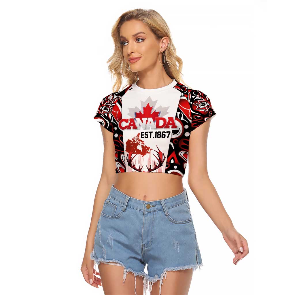 Canada Day Raglan Cropped T Shirt The Forest Moose and Maple Leaves-Haida Pattern