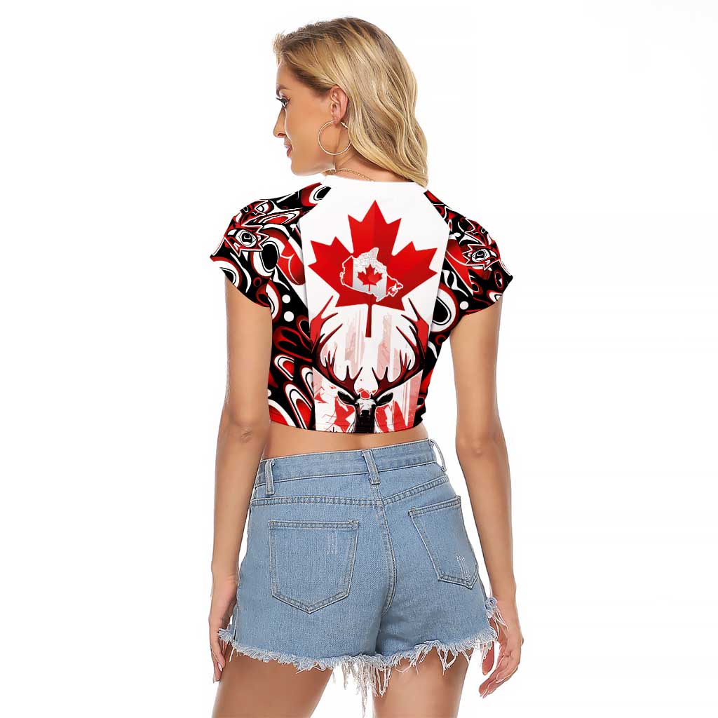 Canada Day Raglan Cropped T Shirt The Forest Moose and Maple Leaves-Haida Pattern