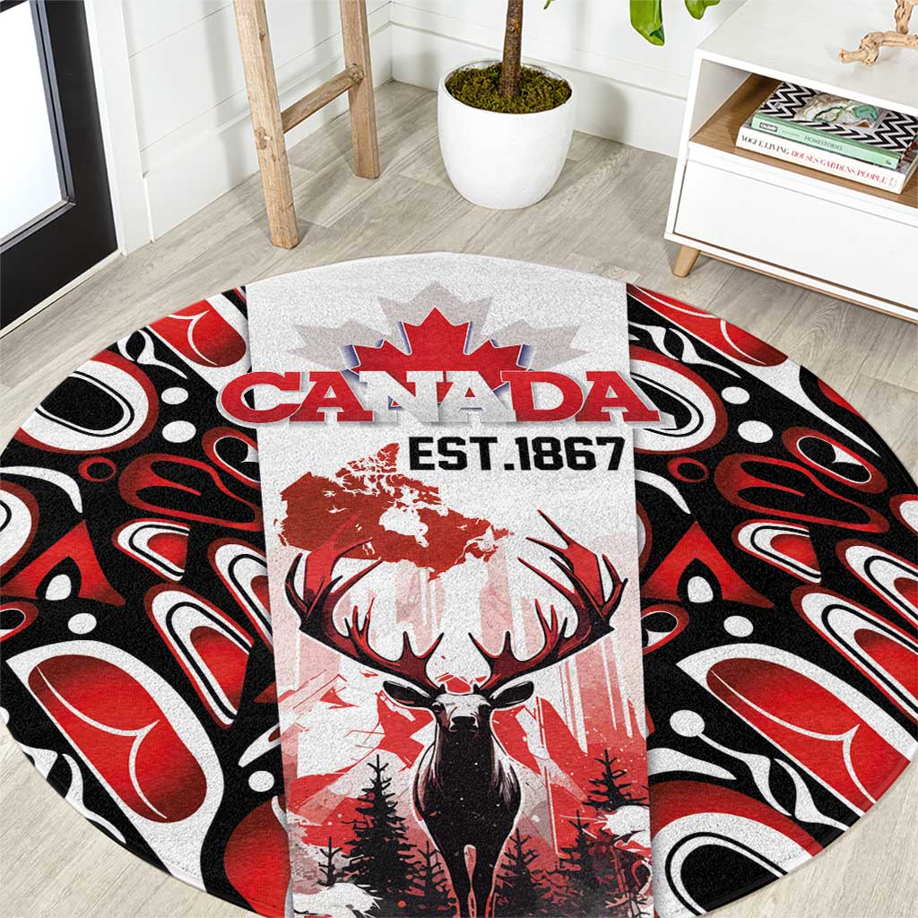 Canada Day Round Carpet The Forest Moose and Maple Leaves-Haida Pattern