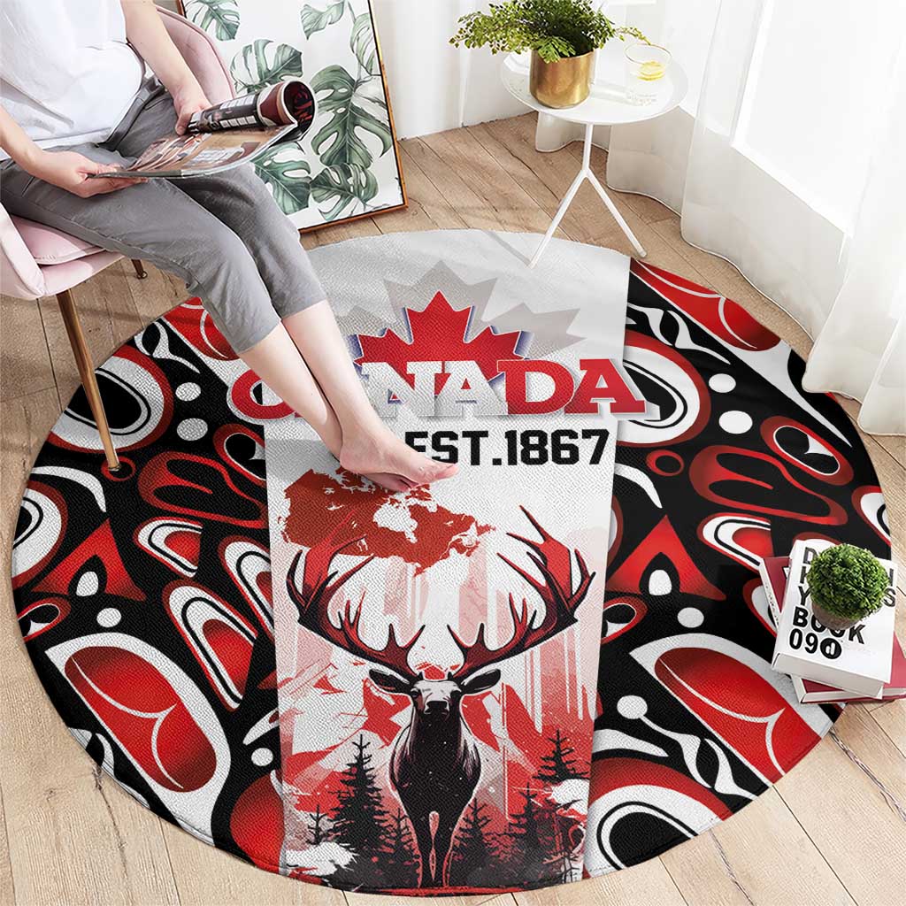 Canada Day Round Carpet The Forest Moose and Maple Leaves-Haida Pattern