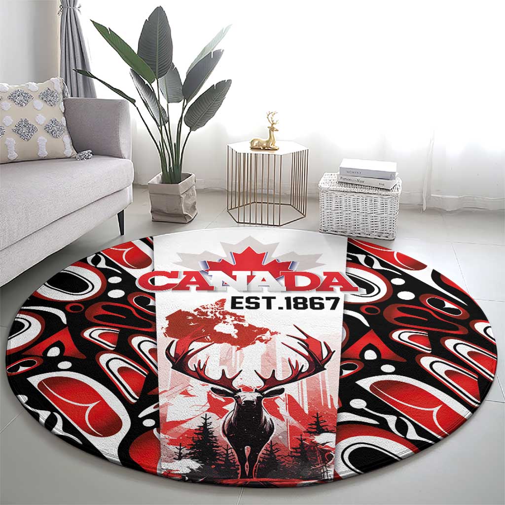 Canada Day Round Carpet The Forest Moose and Maple Leaves-Haida Pattern