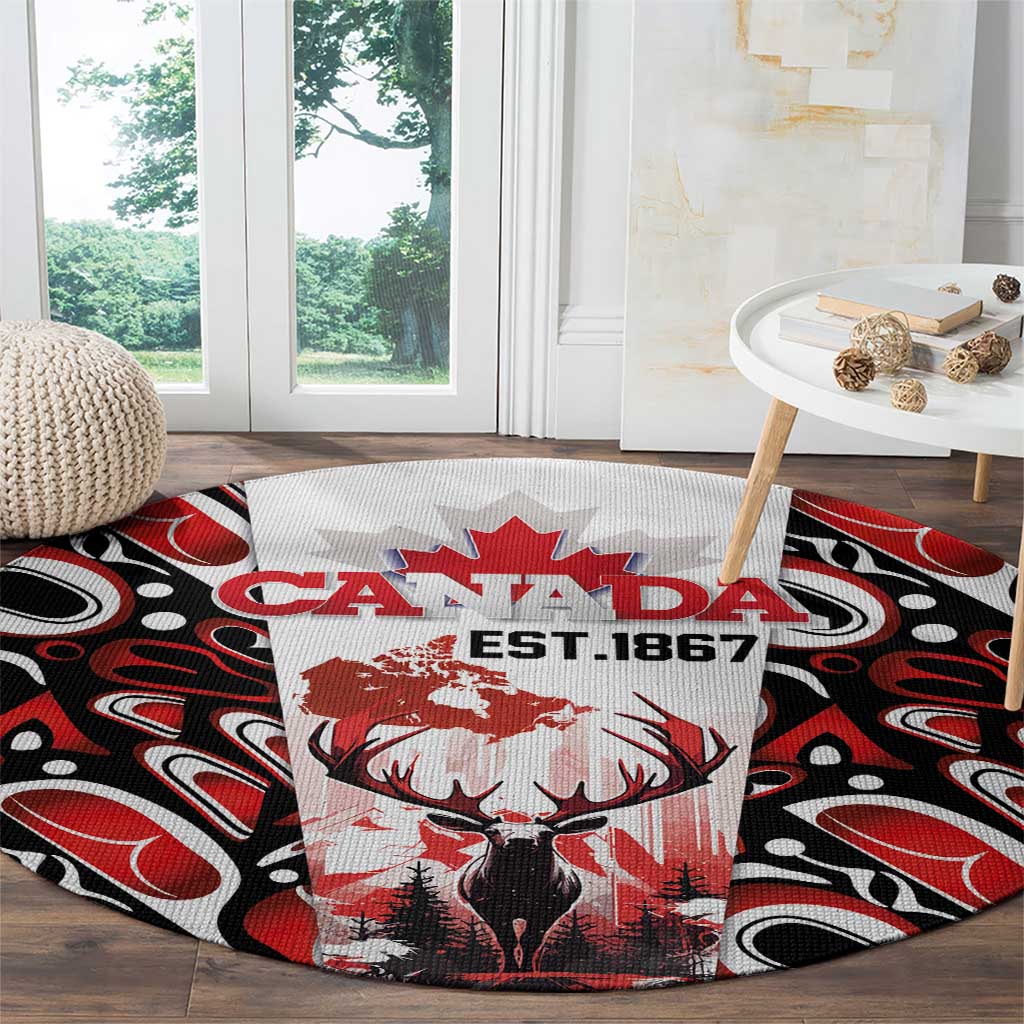 Canada Day Round Carpet The Forest Moose and Maple Leaves-Haida Pattern