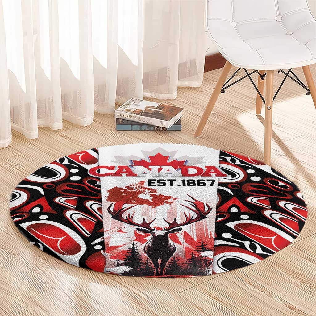 Canada Day Round Carpet The Forest Moose and Maple Leaves-Haida Pattern