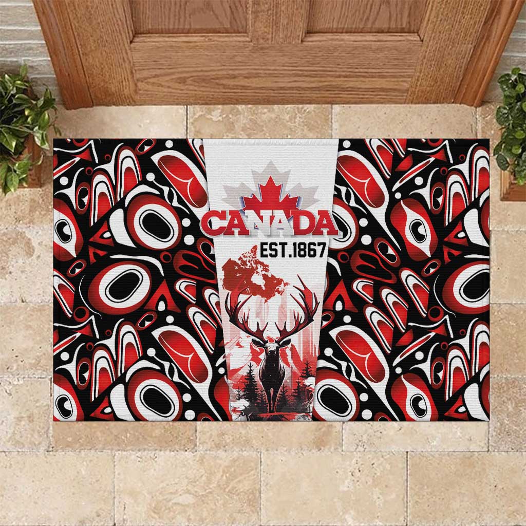 Canada Day Rubber Doormat The Forest Moose and Maple Leaves-Haida Pattern