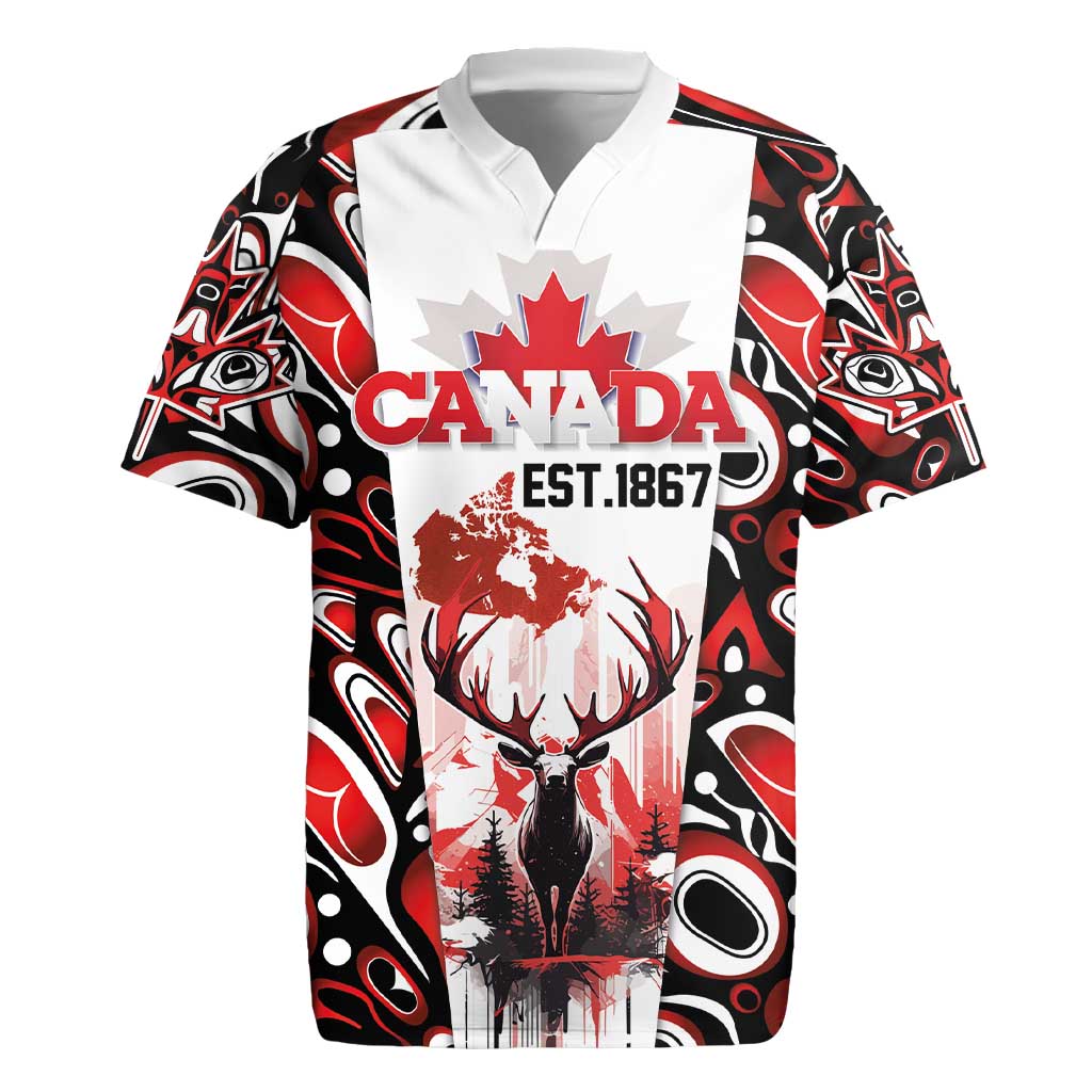 Canada Day Rugby Jersey The Forest Moose and Maple Leaves-Haida Pattern
