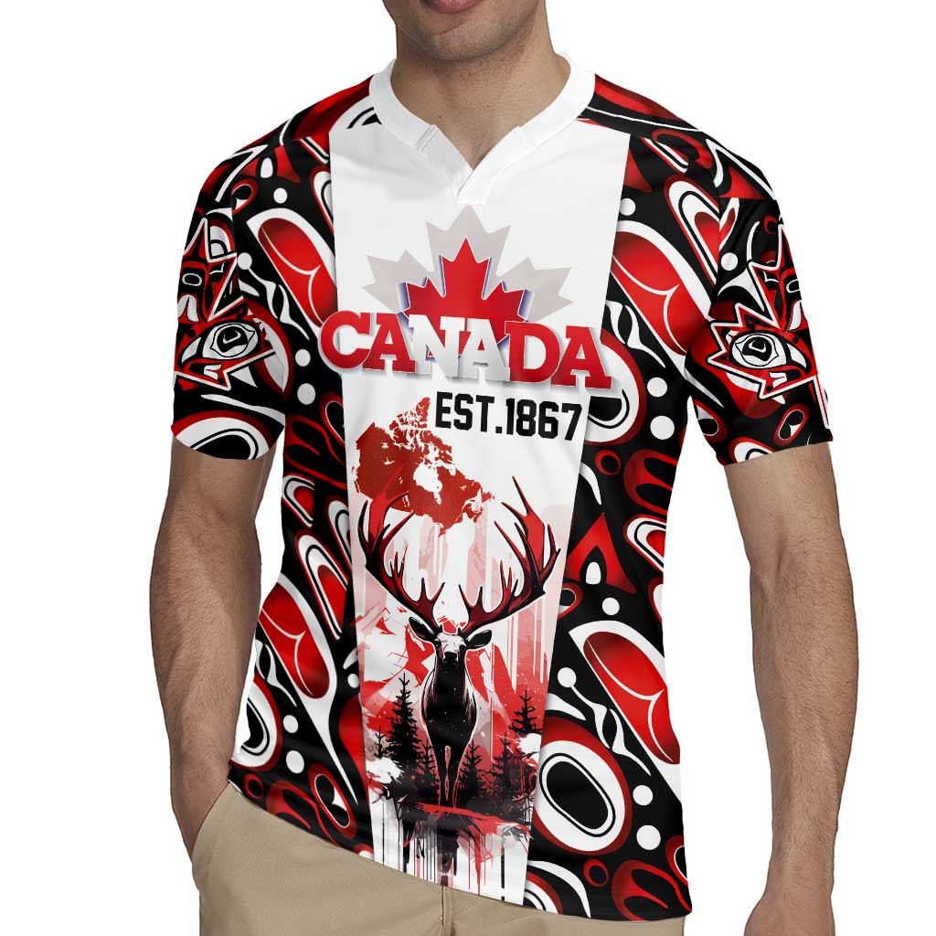 Canada Day Rugby Jersey The Forest Moose and Maple Leaves-Haida Pattern