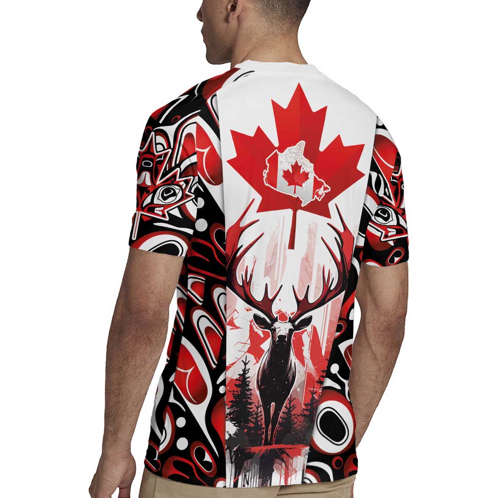 Canada Day Rugby Jersey The Forest Moose and Maple Leaves-Haida Pattern