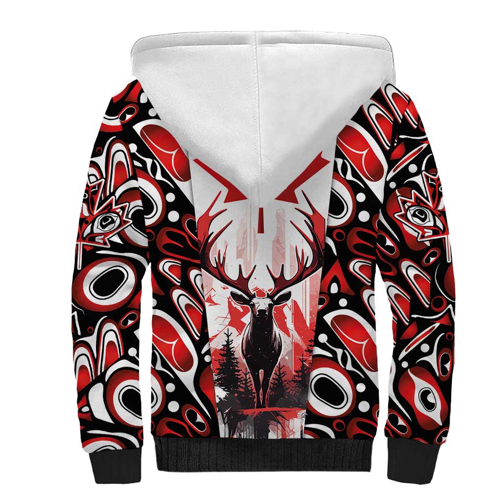 Canada Day Sherpa Hoodie The Forest Moose and Maple Leaves-Haida Pattern