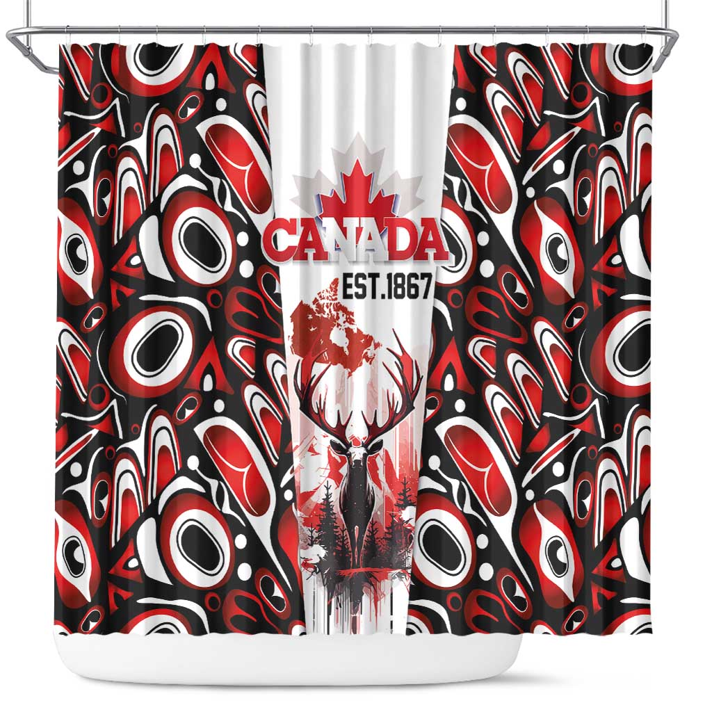 Canada Day Shower Curtain The Forest Moose and Maple Leaves-Haida Pattern