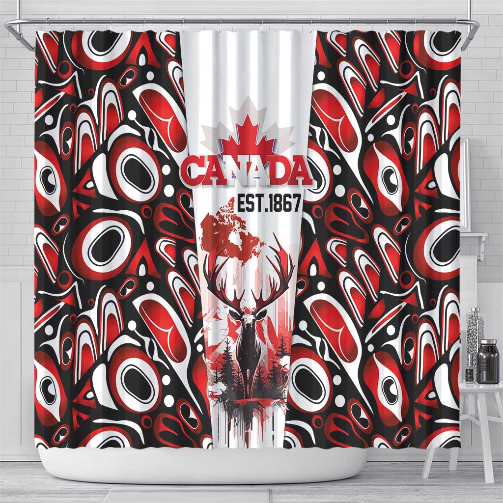 Canada Day Shower Curtain The Forest Moose and Maple Leaves-Haida Pattern