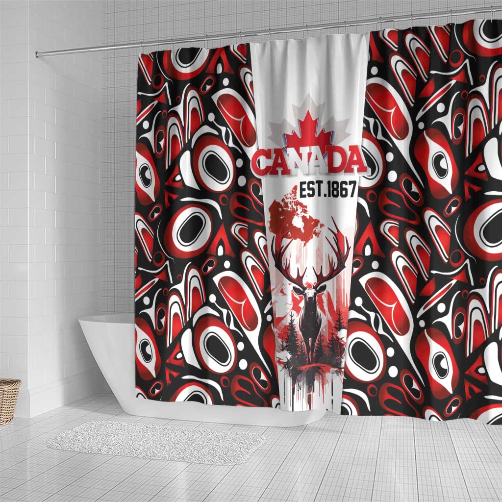 Canada Day Shower Curtain The Forest Moose and Maple Leaves-Haida Pattern