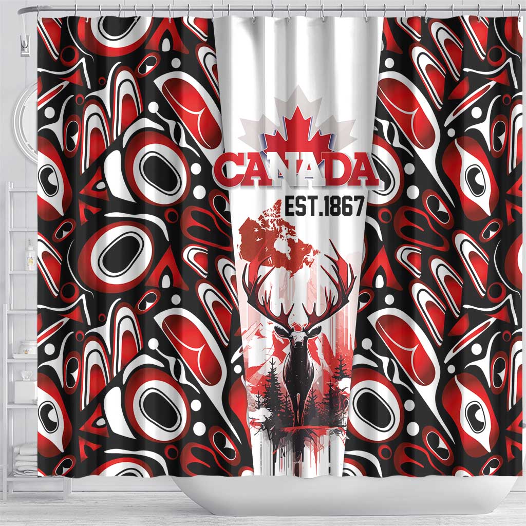 Canada Day Shower Curtain The Forest Moose and Maple Leaves-Haida Pattern