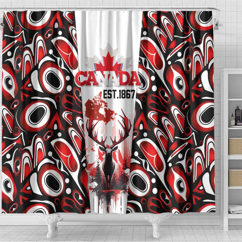 Canada Day Shower Curtain The Forest Moose and Maple Leaves-Haida Pattern