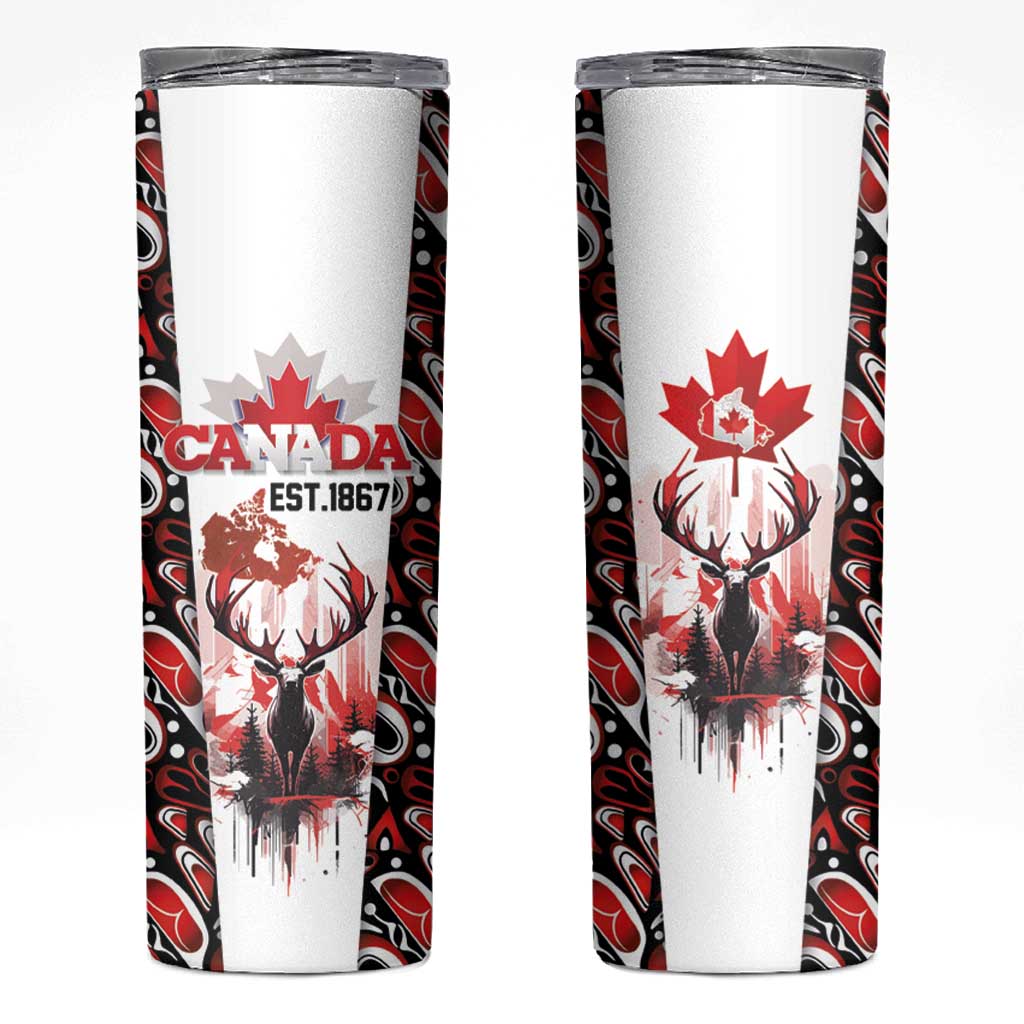 Canada Day Skinny Tumbler The Forest Moose and Maple Leaves-Haida Pattern