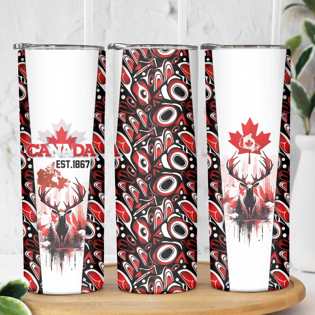 Canada Day Skinny Tumbler The Forest Moose and Maple Leaves-Haida Pattern
