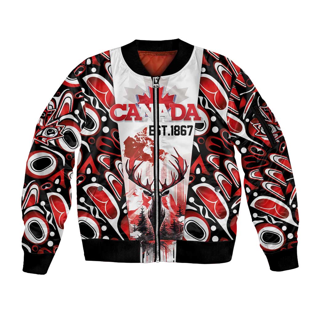 Canada Day Sleeve Zip Bomber Jacket The Forest Moose and Maple Leaves-Haida Pattern