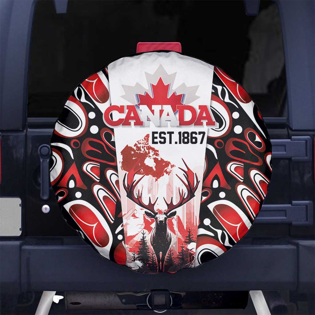 Canada Day Spare Tire Cover The Forest Moose and Maple Leaves-Haida Pattern