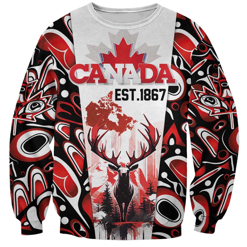 Canada Day Sweatshirt The Forest Moose and Maple Leaves-Haida Pattern