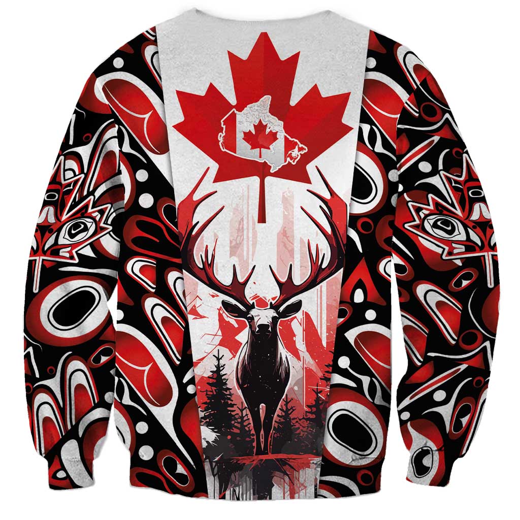 Canada Day Sweatshirt The Forest Moose and Maple Leaves-Haida Pattern