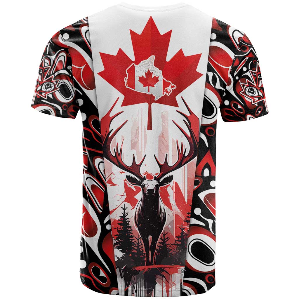 Canada Day T Shirt The Forest Moose and Maple Leaves-Haida Pattern