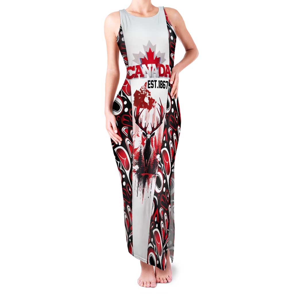 Canada Day Tank Maxi Dress The Forest Moose and Maple Leaves-Haida Pattern