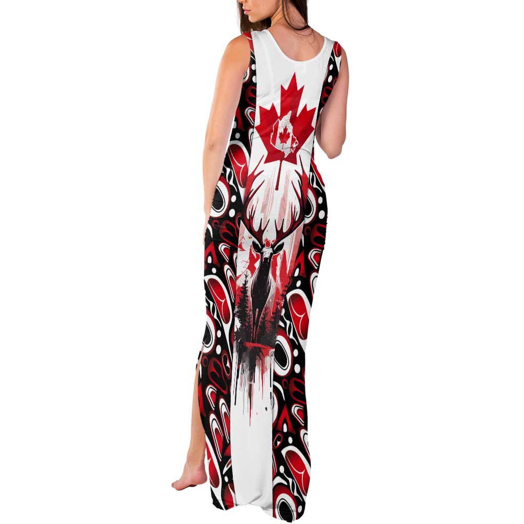 Canada Day Tank Maxi Dress The Forest Moose and Maple Leaves-Haida Pattern