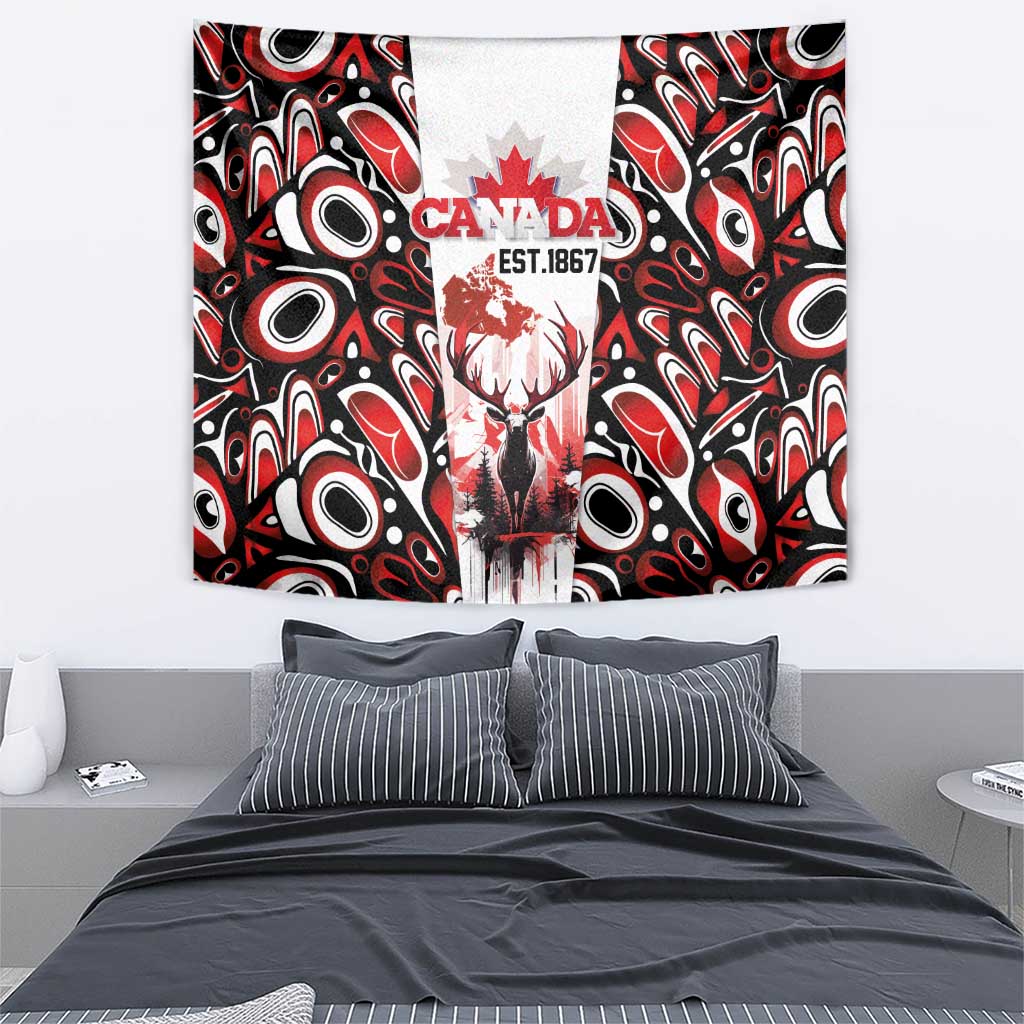 Canada Day Tapestry The Forest Moose and Maple Leaves-Haida Pattern