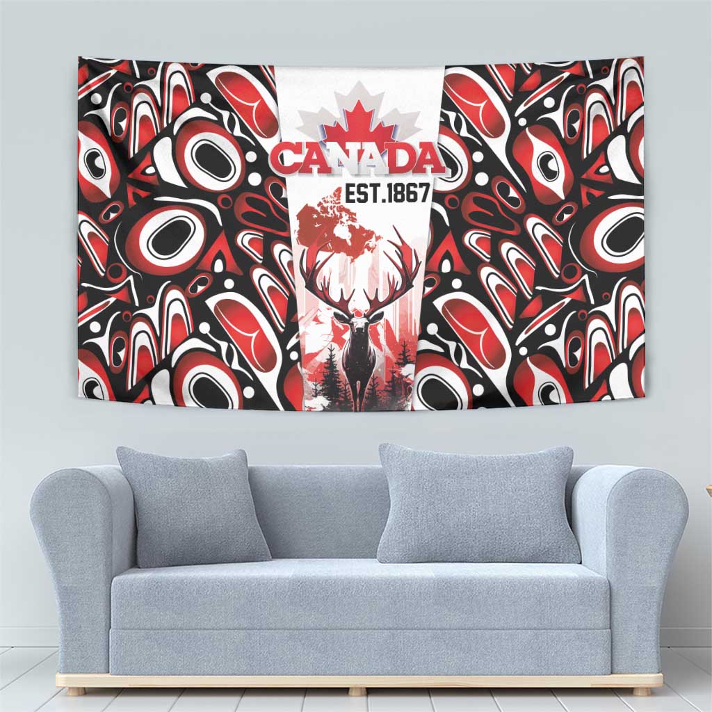 Canada Day Tapestry The Forest Moose and Maple Leaves-Haida Pattern