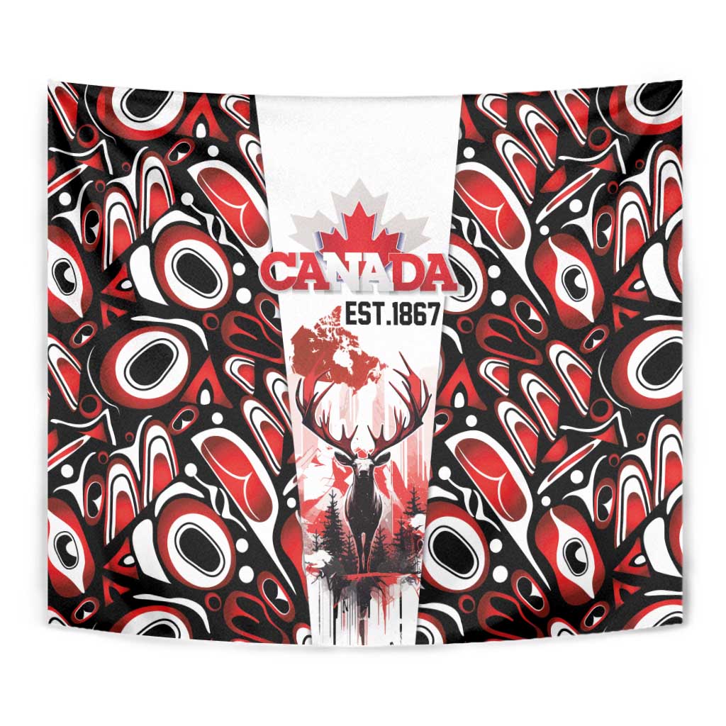Canada Day Tapestry The Forest Moose and Maple Leaves-Haida Pattern