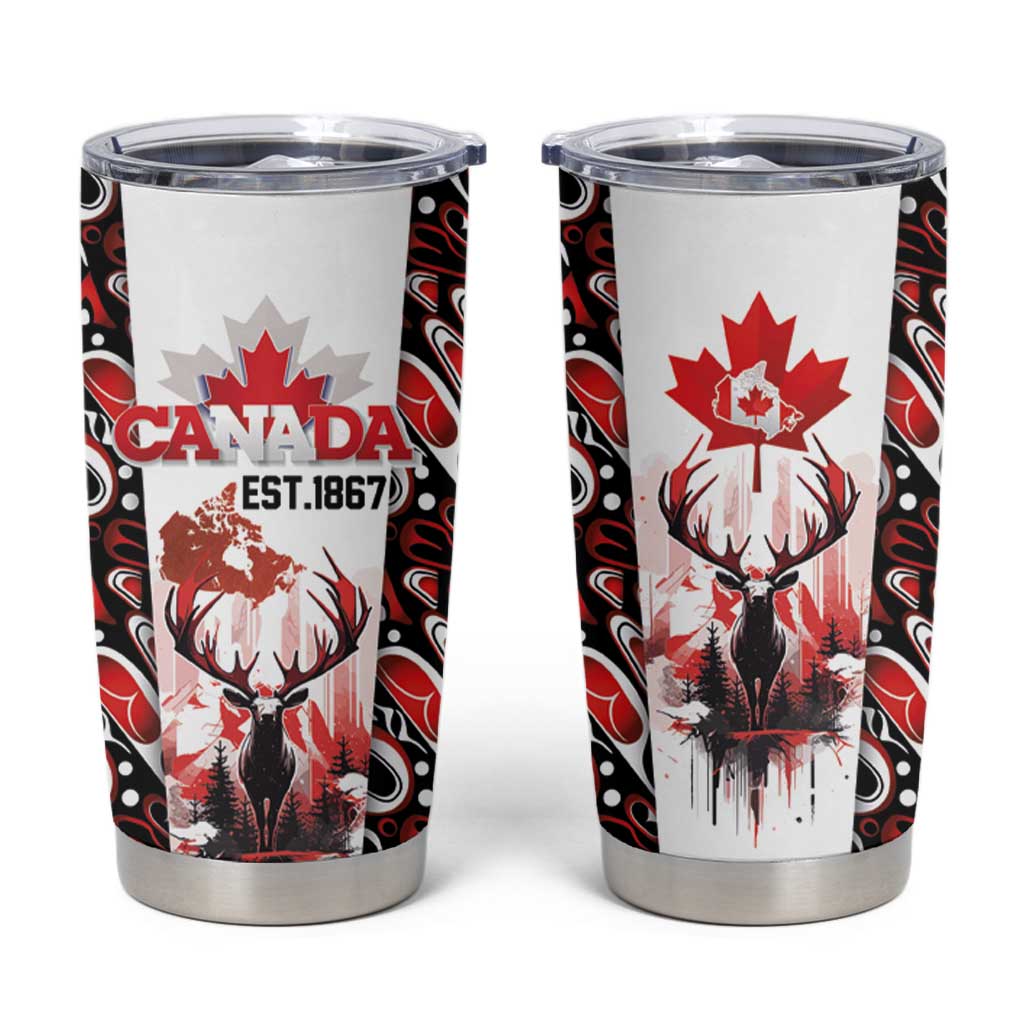 Canada Day Tumbler Cup The Forest Moose and Maple Leaves-Haida Pattern