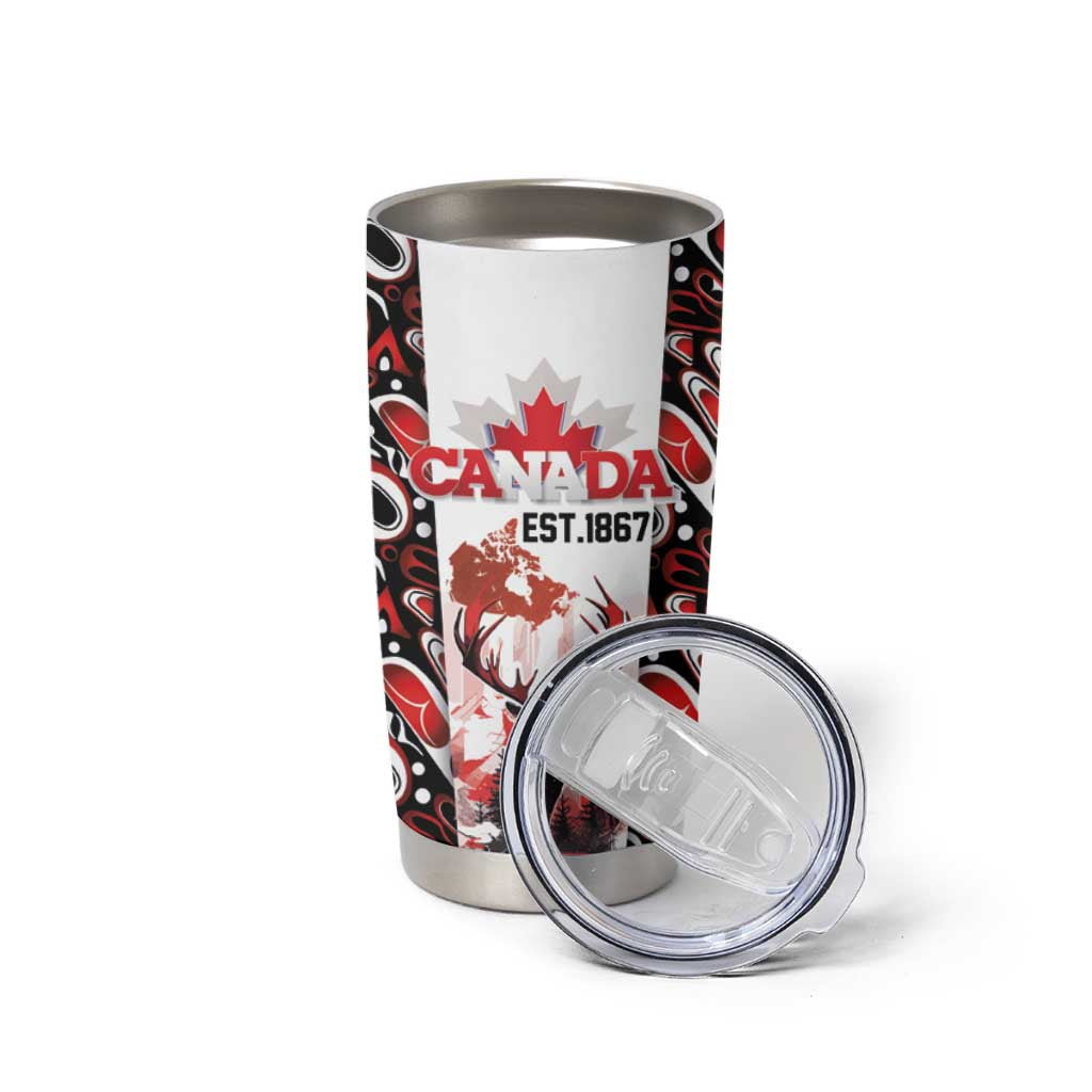Canada Day Tumbler Cup The Forest Moose and Maple Leaves-Haida Pattern
