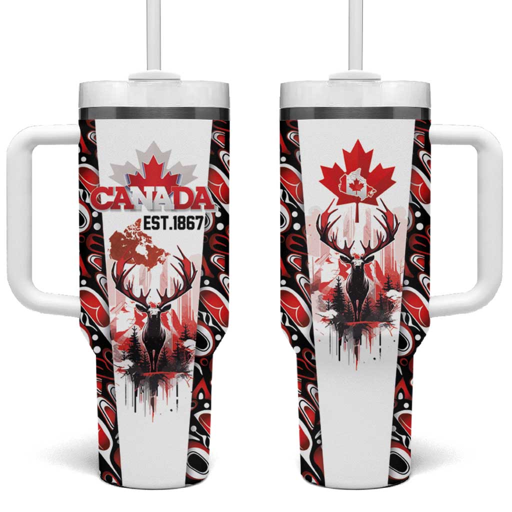 Canada Day Tumbler With Handle The Forest Moose and Maple Leaves-Haida Pattern