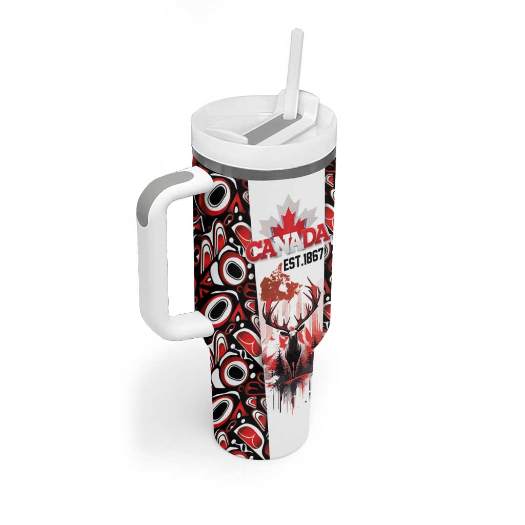 Canada Day Tumbler With Handle The Forest Moose and Maple Leaves-Haida Pattern