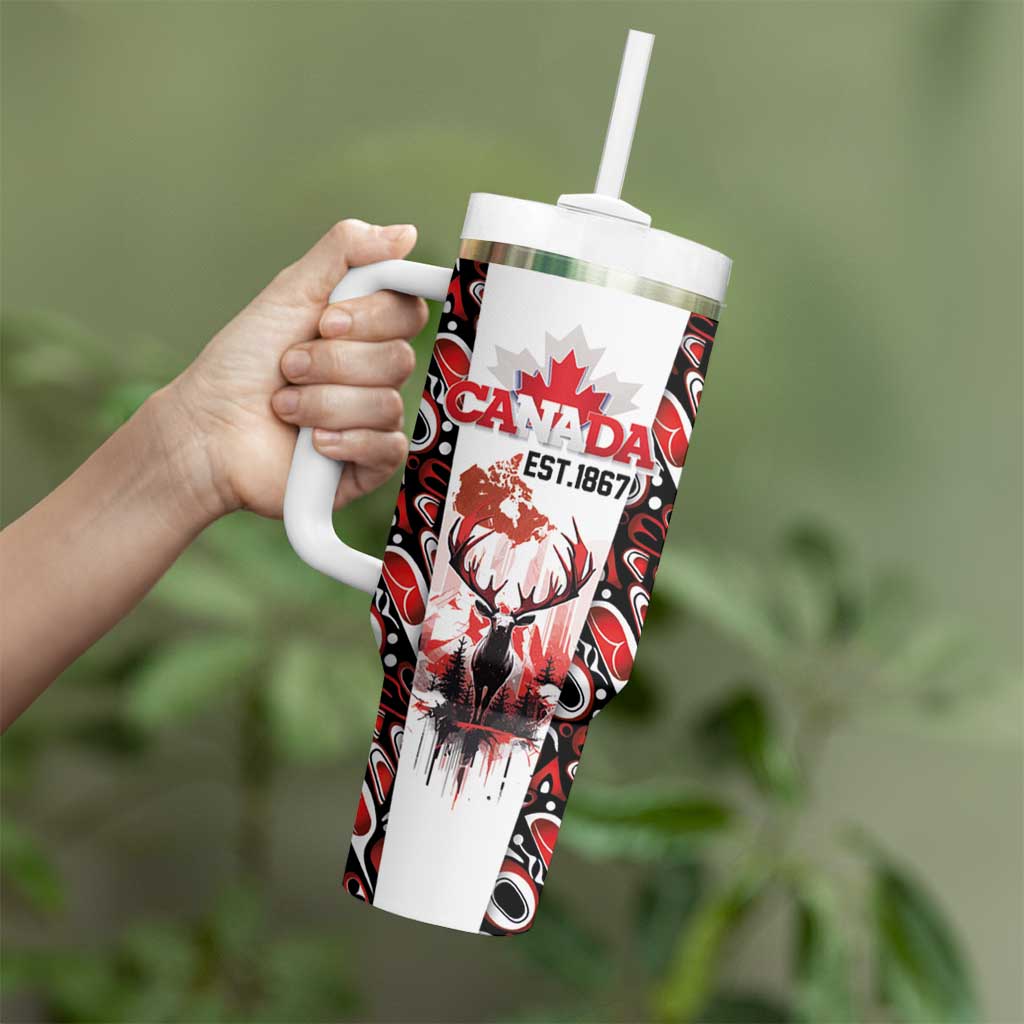 Canada Day Tumbler With Handle The Forest Moose and Maple Leaves-Haida Pattern