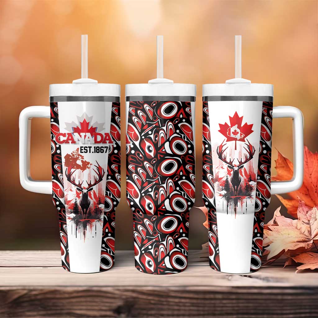 Canada Day Tumbler With Handle The Forest Moose and Maple Leaves-Haida Pattern
