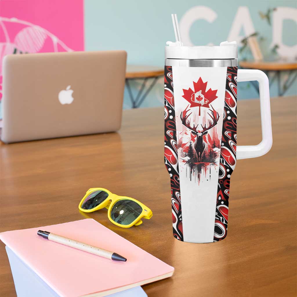 Canada Day Tumbler With Handle The Forest Moose and Maple Leaves-Haida Pattern